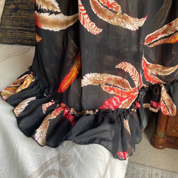 Black w Tropical Red Feather Print Chiffon Midi Dress - Picture 10 of 15